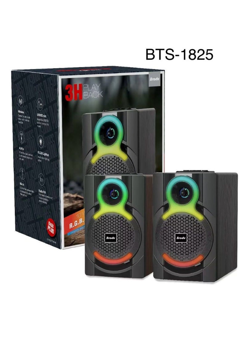 برودو مكبر صوت بلوتوث لاسلكي BTS-1825 بقوة 10 واط إضاءة RGB ملونة وتصميم خشبي محمول - Image 1